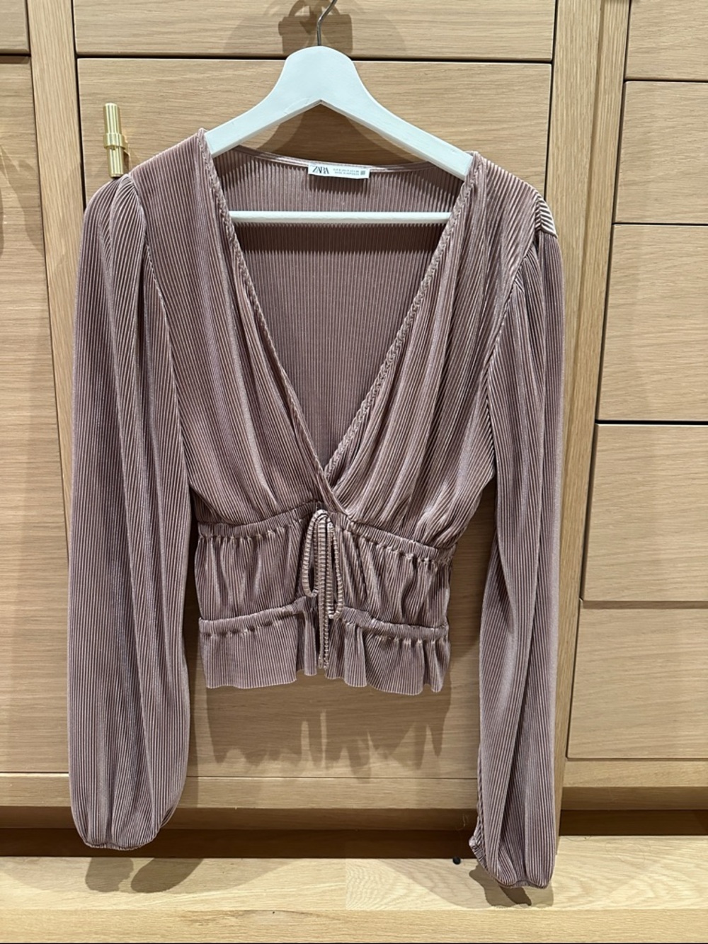 Zara mauve Ribbed V-Neck Drawstring Blouse